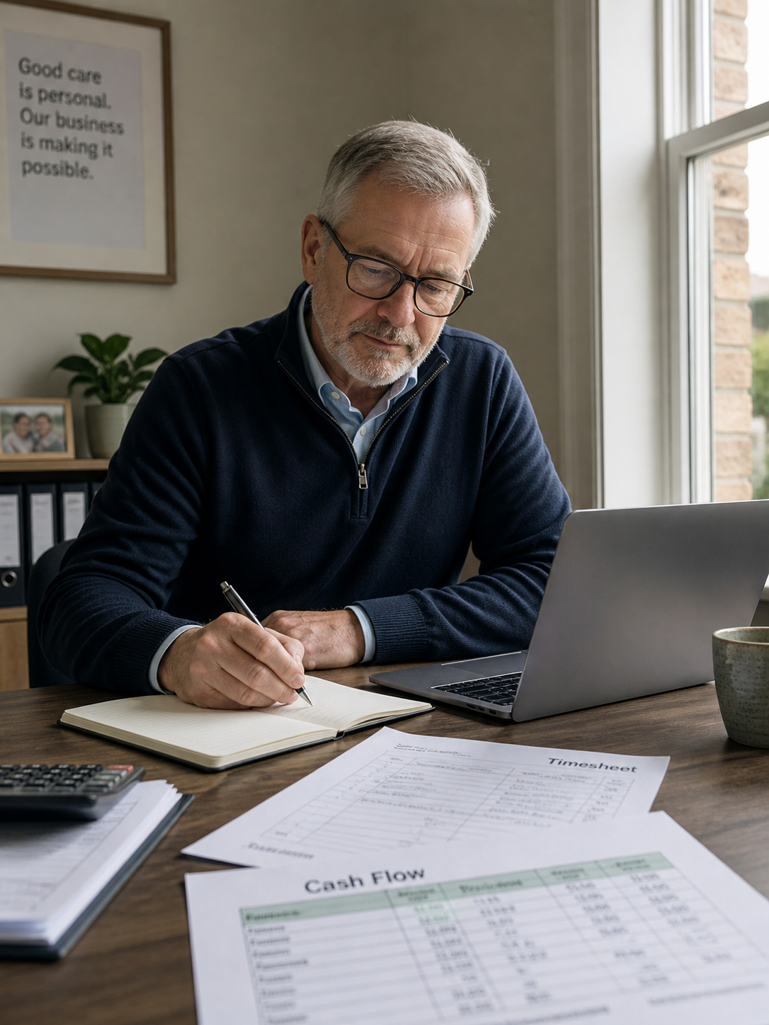 A small business owner working through cash flow paperwork at his desk, writing in a notebook beside printed forecasts and a laptop.
