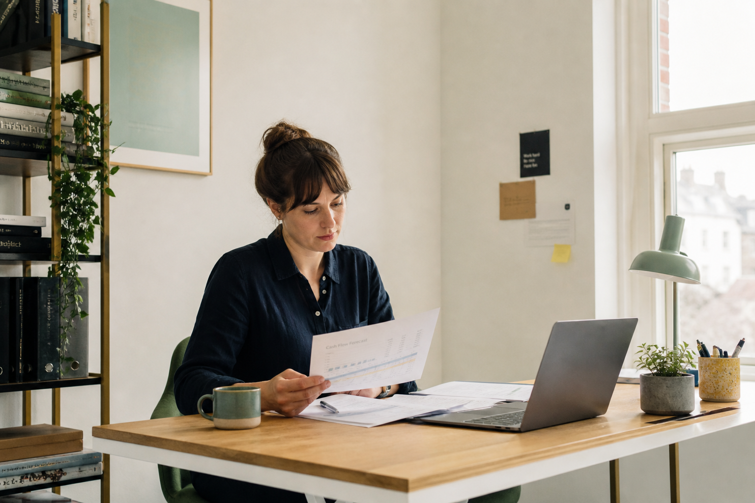 A woman reading printed pages at her desk with a laptop open, daylight from a window behind her, a mug of tea beside her.